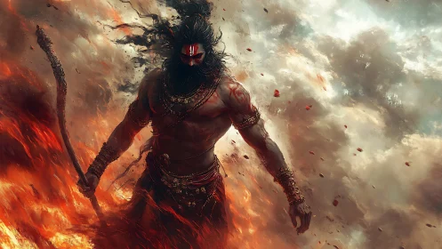 Digital painting of mythic warrior emerging through firestorm.