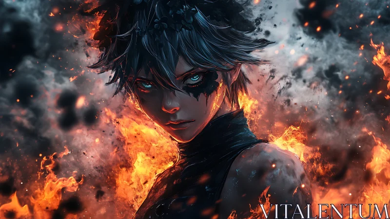 Digital figure stands amid dynamic fire and smoke effects