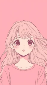 Soft monochrome anime girl portrait in pink tones.