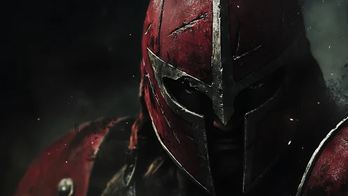 Cinematic 3D portrait of battle-worn red-armored warrior knight.