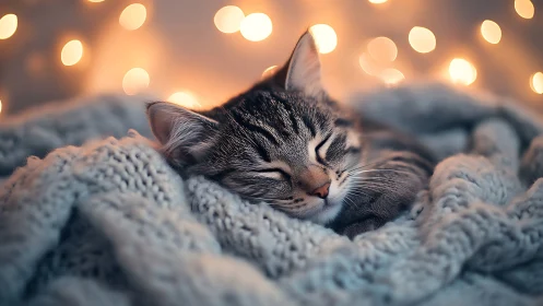 Tabby Dreams Nestle Deep Within Cozy Luminescent Warmth and Blankets
