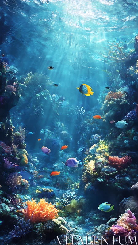 Sunbeams choreograph a kaleidoscopic ballet over coral gardens