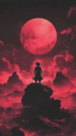 Samurai silhouette under red moon in dramatic landscape.