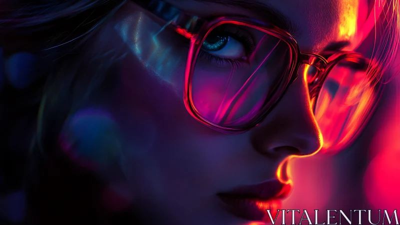Neon-lit gaze ignites the night through glass and color.