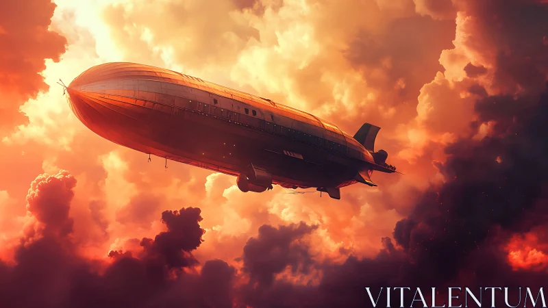 Dirigible airship crosses turbulent cumulonimbus under fiery light
