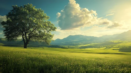 Solitary tree stands in sunlit valley before distant hills