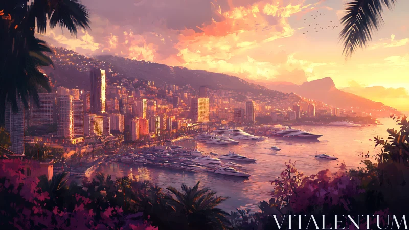 Sunlit coastal skyline with luxury marina at golden hour.