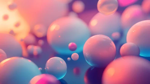 Glossy pastel spheres float through soft blurred neon space
