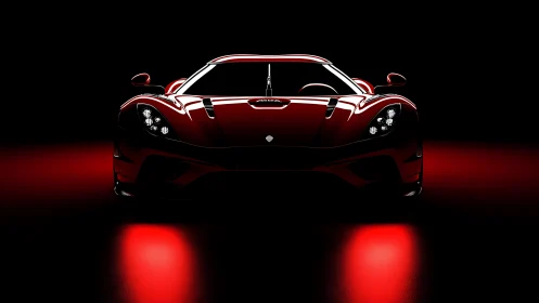 Red supercar silhouette glows over dark reflective floor.