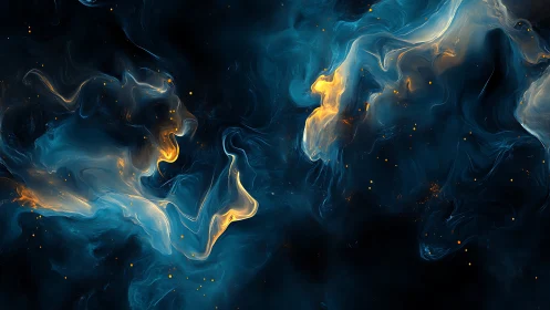 Blue and gold swirling nebula clouds in deep space