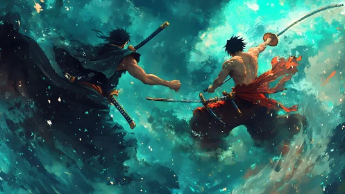 Samurai duel explodes across a storm of swirling teal skies