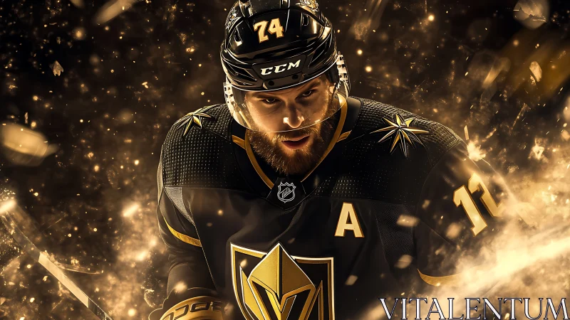 Ice hockey player in black and gold uniform with dynamic glow.