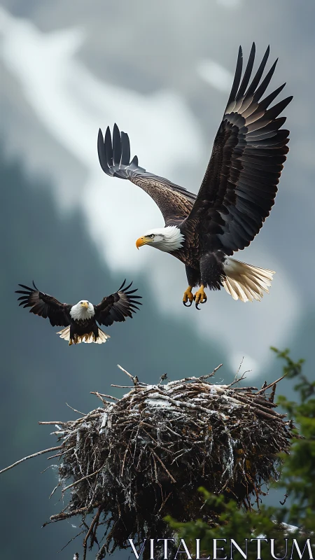 Mountain eagles wheel above a towering nest in misty air.
