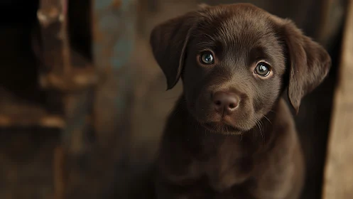 Chocolate brown puppy faces camera in shallow depth of field