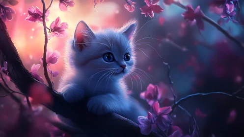 Luminous Kitten Contemplates Pink Blossoms in Dreamscape Twilight