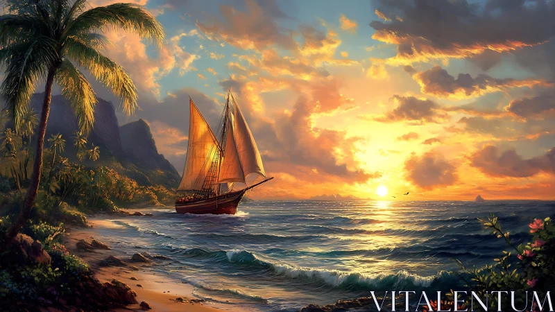 Sunlit sailboat drifts along a lush tropical shore at sunset