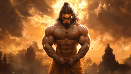 Powerful Hanuman warrior amid dramatic golden clouds.