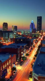 Vibrant downtown skyline captures streaking traffic at dusk