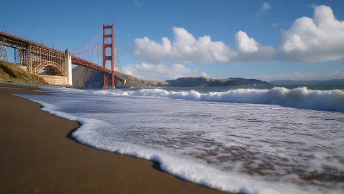 Golden Gate Bridge beside sandy shoreline and surf waves.