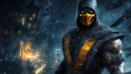 Stormlit masked warrior glaring through neon-soaked ruins.