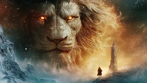 Lion of living starlight guards a lone wanderer&rsquo;s path.