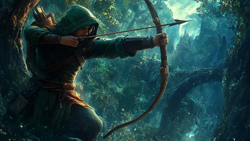 Forest archer poised in emerald light, ready to protect all.