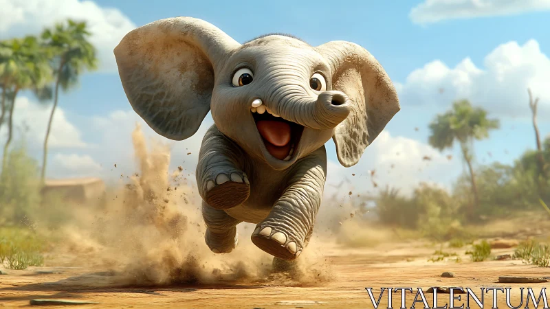 Joyful baby elephant dashes across sunny savanna path