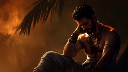 Sunlit warrior rests quietly beneath warm jungle shadows