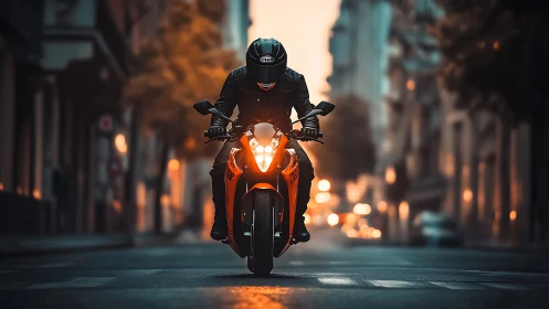 Motorcyclist rides sport bike through empty city street at dusk