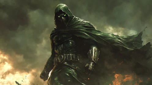 Hooded armored figure strides through burning storm clouds