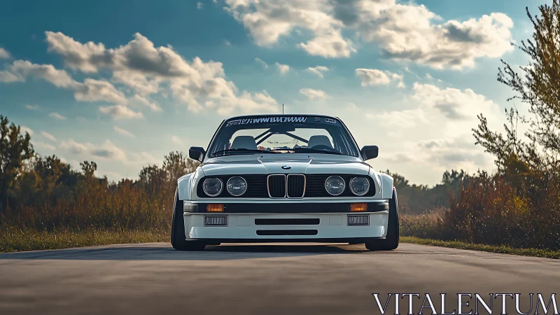 Crisp white classic car waits proudly on a sunny open road