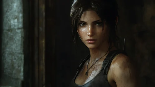 Grit-slick explorer stares down the darkened ruin passage.