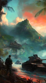 Armored convoy advances through a misty tropical warzone