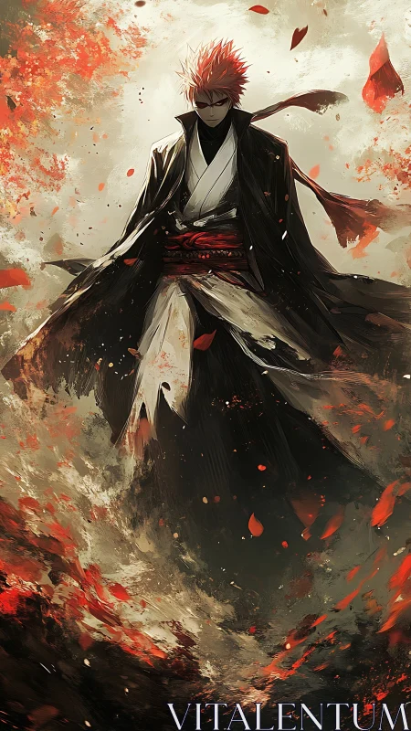 Fiery warrior strides through swirling autumn storm of power.