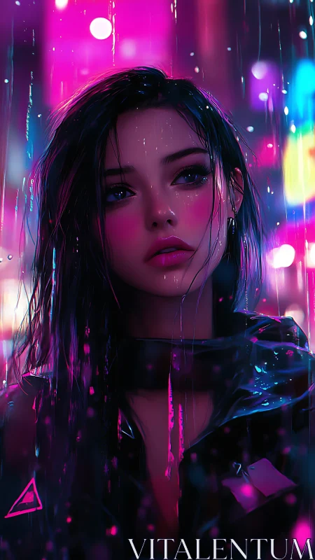 Neon rain night with a wistful cyberpunk daydreamer.