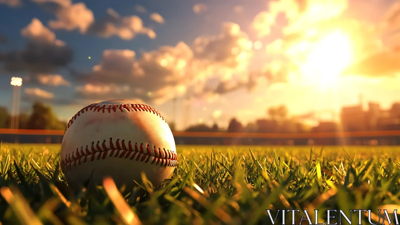 Baseball resting on grass under warm sunset light.