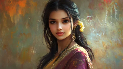 Portrait of woman in traditional attire against abstract ground.