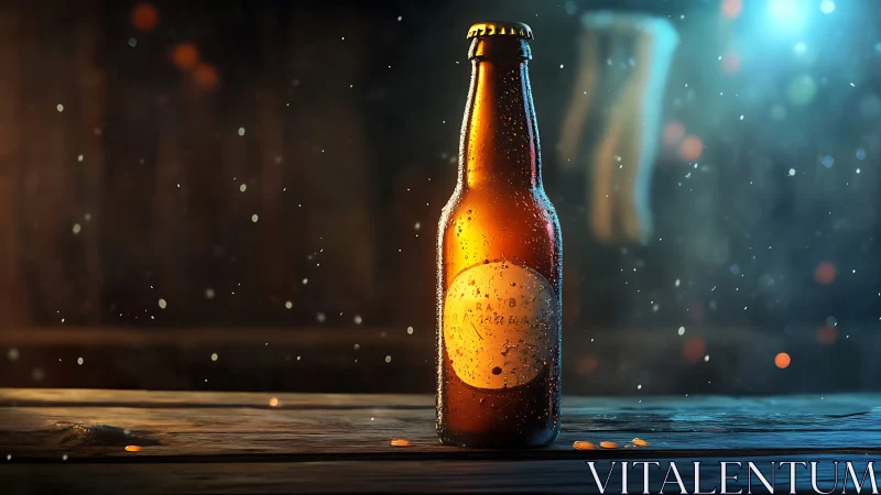 Backlit amber beer bottle with condensation on rustic wood