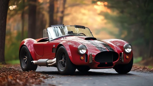 Red roadster drifting through a golden autumn day.