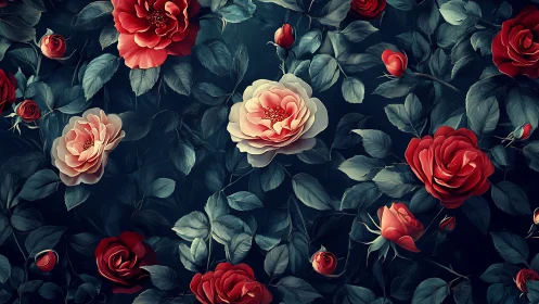 Layered Rose Specimens Against Teal Foliage Matrix.