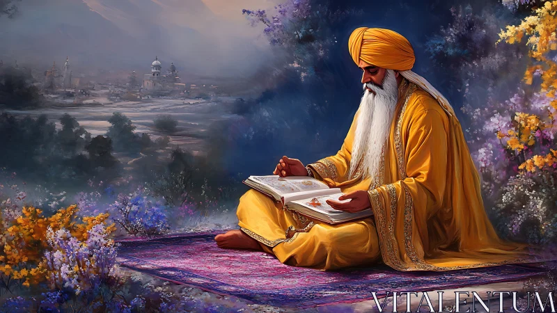 Elder in saffron robes studies illuminated scripture amid floral landscape