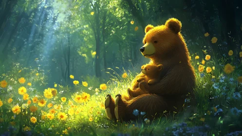 Sunlit bear and cub share a peaceful moment in forest bloom