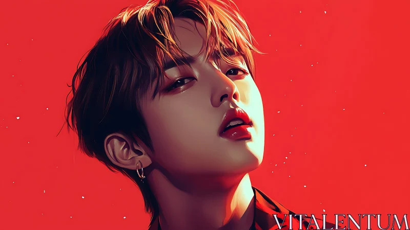 Crimson-lipped gaze against a molten pop red horizon.