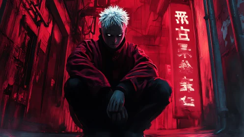 Neon alley sentinel with bioluminescent gaze in crimson haze.