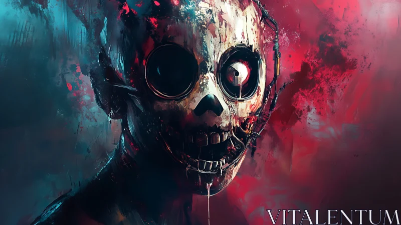 Cybernetic skull portrait looms within violent neon haze