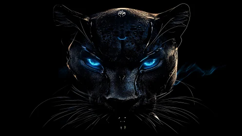 Digital rendering of feline head with luminescent blue eyes and high-contrast noir lighting