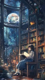 Girl reads in tall library with city and planet outside window