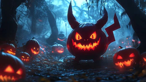 Playful pumpkin creature grins boldly in a glowing forest