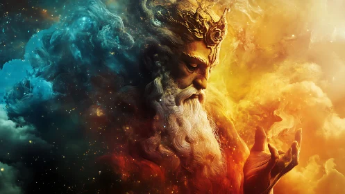 Cosmic elder cradling fire and starlight between worlds.