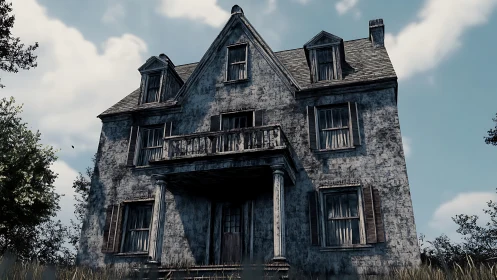 Weathered haunted house under harsh midday light.